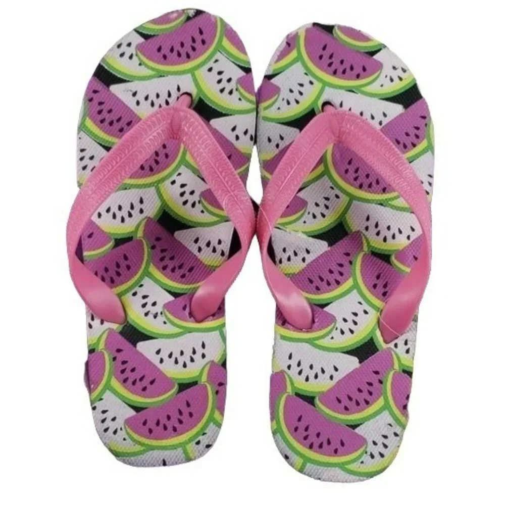 Girls Black Pink Watermelon Fruit Themed Strap Flip Flops Sandals‎ Size 2